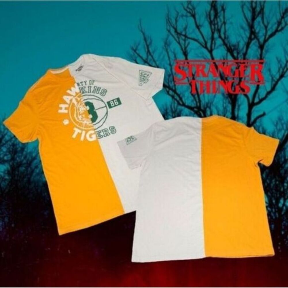Stranger Things Hawkins Tigers T-Shirt Mens Split Panel Graphic Yellow White XL - Picture 2 of 9